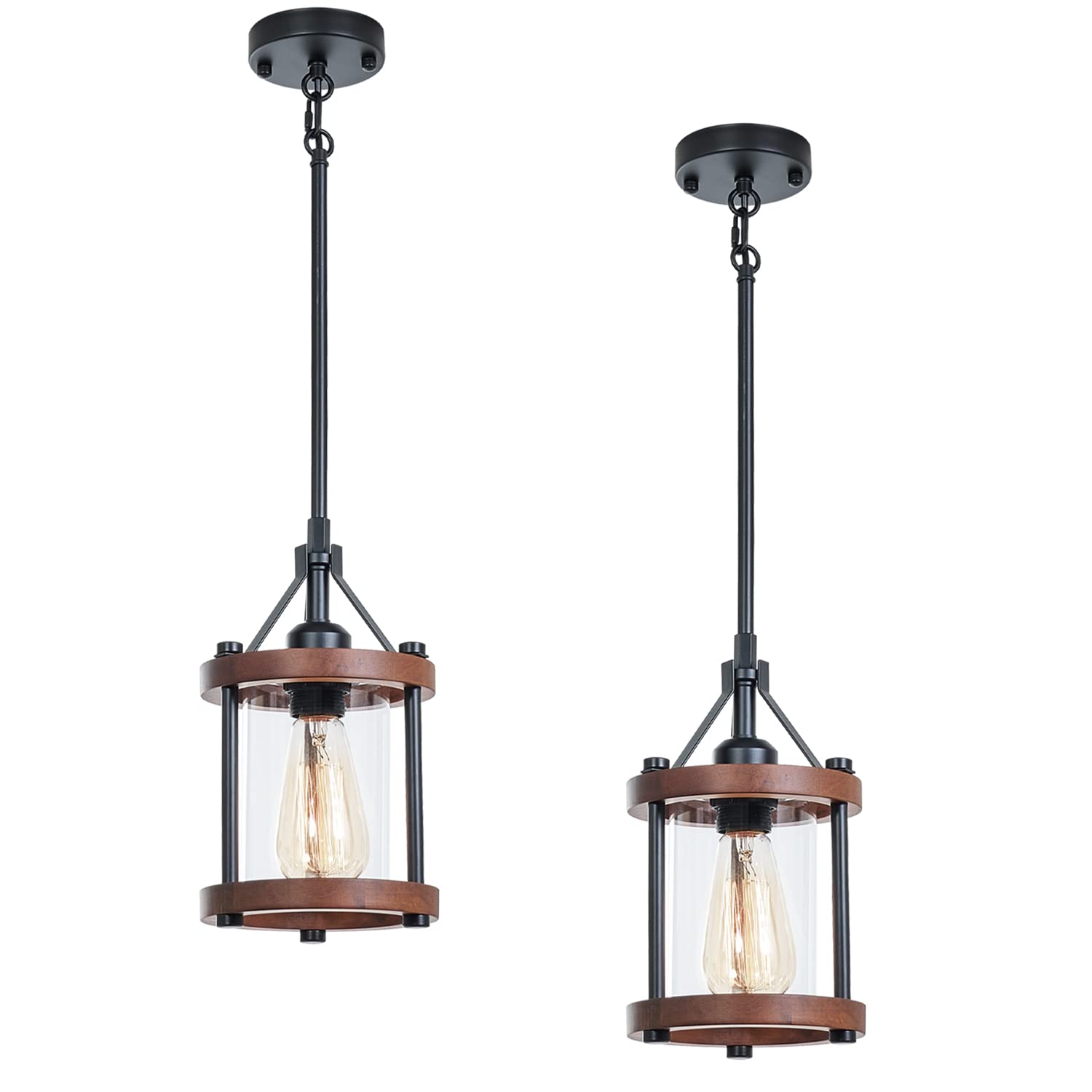 Photo 1 of Ejerlya Farmhouse Pendant Light, Rustic Walnut Wood Metal Cage Hanging Light Fixtures with Glass, Adjustable for Flat and Slop Ceiling, Pendant Lighting for Kitchen Island Foyer Hallway,2-Pack