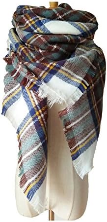 NLOKER Women's Plaid Blanket Winter Scarf Warm Cozy Tartan Wrap Oversized Shawl Cape (White)