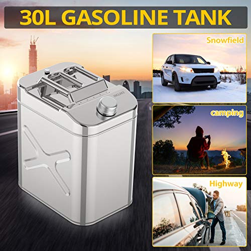 INCLAKE 30L/8 Gallon Stainless Steel Gas Can, Tight Sealed Thickened Gas Tank, Emergency Backup