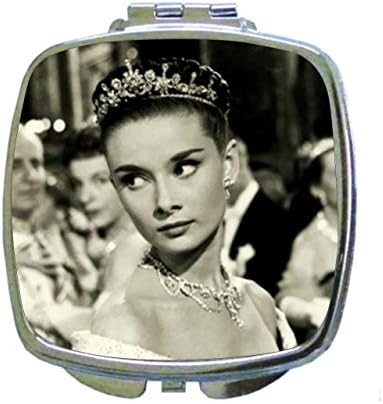 Lea Elliot Vintage Style Audrey Hepburn British Actress Celebrity in Crown Square Shaped Compact Travel Pocket Size Beauty Mirror