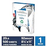 Hammermill Great White 30% Recycled 20lb Copy Paper, 8.5 x 11, 1 Ream, 3 Hole Punched, 500 Sheets, Made in USA, Sustainably Sourced From American Family Tree Farms, 92 Bright, Acid Free, 086702R