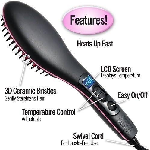 2 in 1 Hair Straightening Brush -Electric Ionic Ceramic Heating- Hot Fast Heating Straightener Brush - Perfect Gift Women for entangling and silky hair