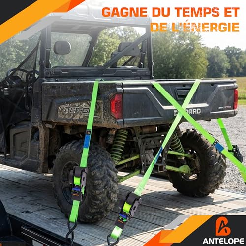 A ANTELOPE Automatic Lashing Strap 3.6 m x 25 mm, Pack of 4 Automatic Lashing Strap Reel, 340 kg/680 kg, Retractable Tie Down Straps with Ratchet and S Hooks for Motorcycle, Kayak and Truck, Green