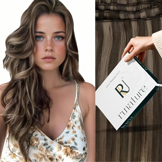RUNATURE Brown Hair Extensions Sew in Human Hair Highlight Brown Weft Hair Extensions Real Human Hair Brown Double Weft Hair Extensions Straight 20 Inch 100 Gram — image 1
