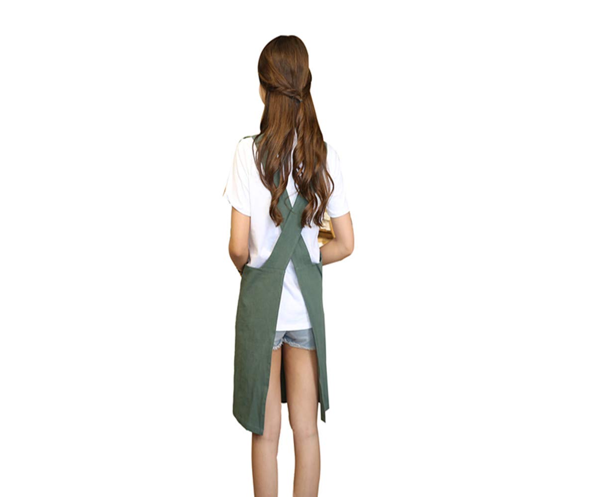KKTOCHVC Women's Cross Back Apron, Japanese Style Apron Bib, Baking Gardening Cleaning Works Cotton Linen Blend Apron1 with 2 Pockets (Green)