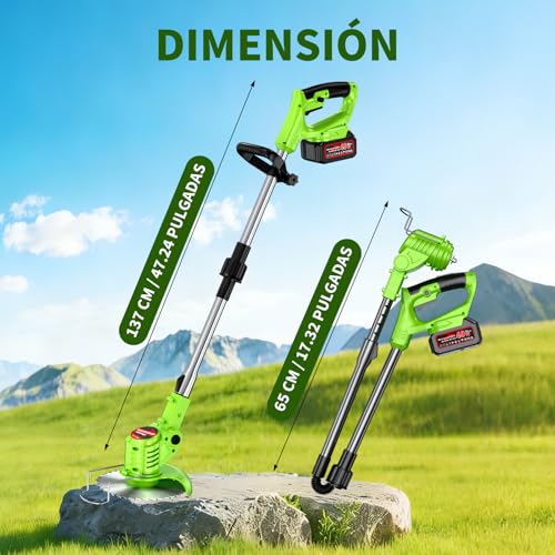 Podadora de Pasto, 4 en 1 Desbrozadora Eléctrica Inalámbrico, Cortacésped Eléctrico con Cabezal Ajustable 90°,4 Tipos de Herramientas de Corte, Portátil y Plegable–Césped, Maleza, Arbustos y Bordes