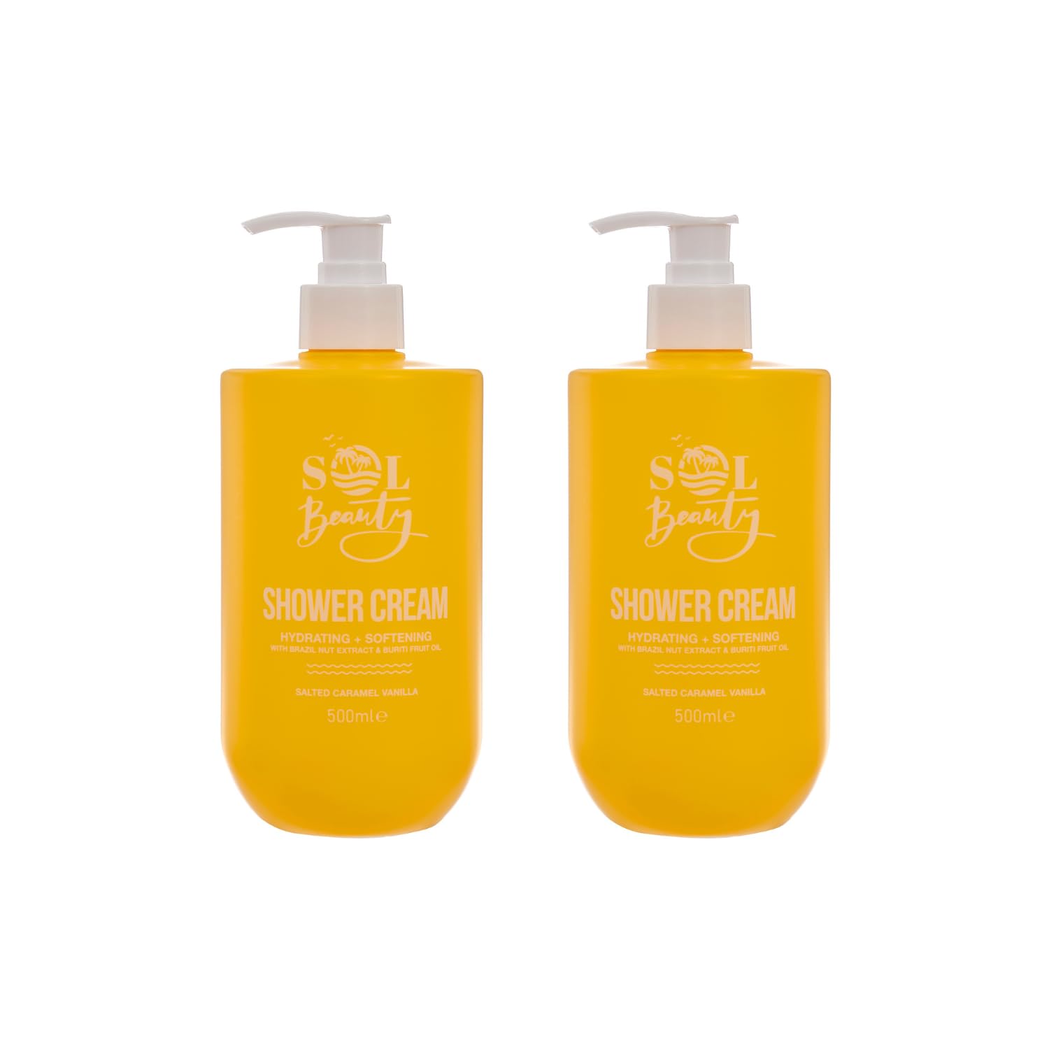Sol Beauty Shower Cream Salted Caramel Vanilla Scent with Brazil Nut Extract and Buriti Fruit Oil, Hydrating and Softening Vegan Friendly Shower Gel 2 x 500ml