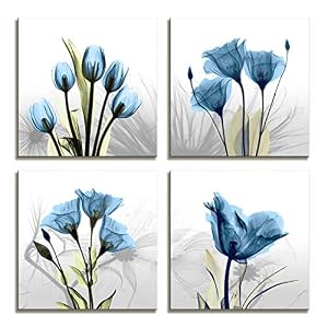 Image of Moyedecor Art - 4 Panel Elegant Tulip Flower Canvas Print Wall Art Painting For Living Room Decor And Modern Home Decorations (Four 12X12in, Blue flower prints framed)