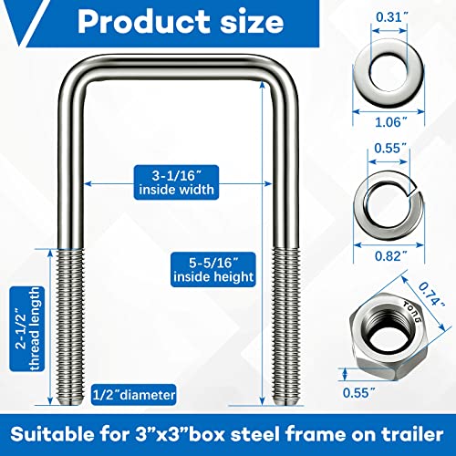 4 Sets 304 Stainless Steel Square UBolt Boat Trailer UBolts With