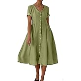 chouyatou Women's Summer Fit and Flare Swing Cotton Dress Casual V-Neck Button Down Beach Midi Dress