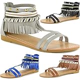 Alpine Swiss Womens Beaded & Studded Fringe Flat Gladiator Sandals