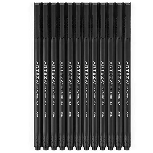 ARTEZA Black Fineliner Pens, Set of 12, Ultra Fine Tip Markers, 0.4 mm Tips, Art Supplies for