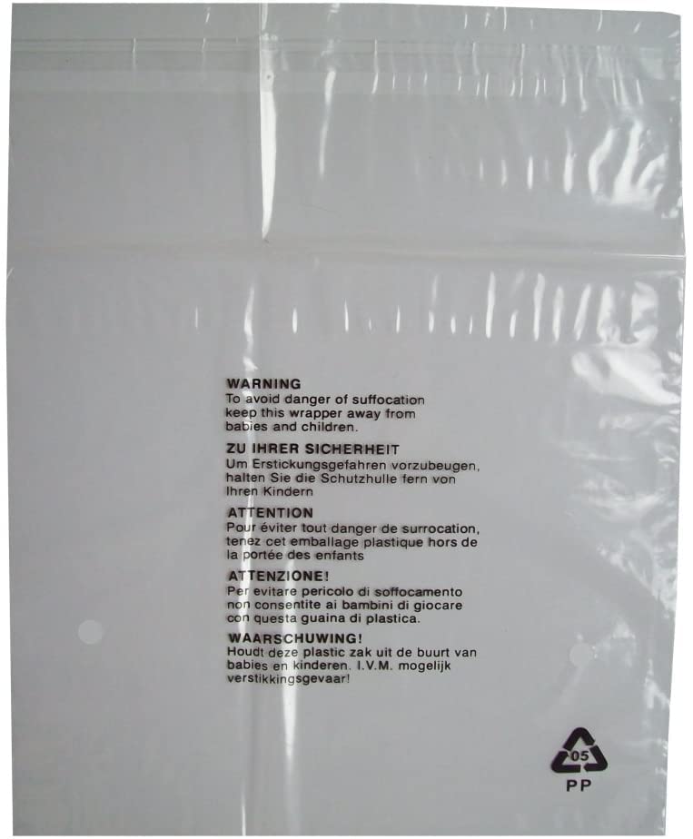 100 x Self Seal Crystal Clear Poly Bags With Suffocation Warning in 5 Languages Great For FBA Stock Poly Bagging (12 x 15 Inches (305mm x 381mm))