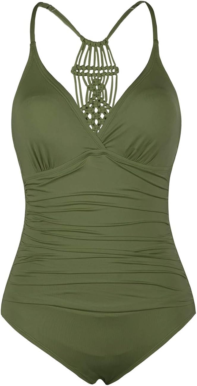 Firpearl Women's One Piece Swimsuits Halter Braid Macrame Ruched Slimming Tummy Control Swimwear