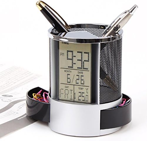 Jia Jia Trade Portable Desk Pencil Cup Desktop Perpetual Calendar Temperature LCD Alarm Clock Pen cilp Holder for Home Office (Black)