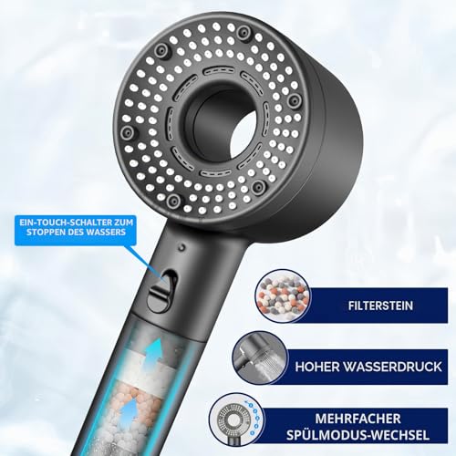 Blendura Shower Head with Hose 1.5 m, Hand Shower with 3 Filters, Anti-Limescale Function, 5 Jet Types, Shower Head, Water-Saving