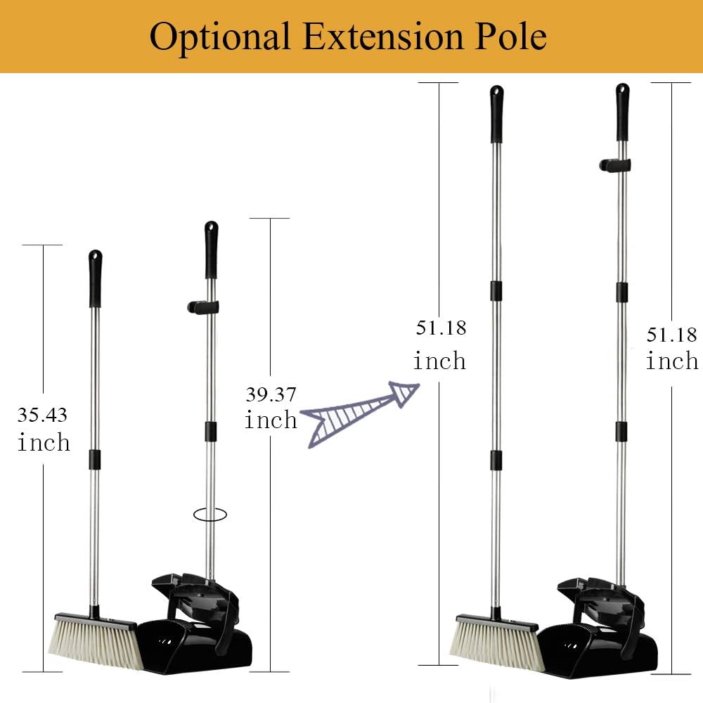 Broom and Dustpan Set with Lid, Stainless Steel Long Handle and Light Weight Lobby Broom Combo, Upright Dust Pan Ideal for Home, Kitchen, Room, Office Use by QJQBMAI: Health & Personal Care