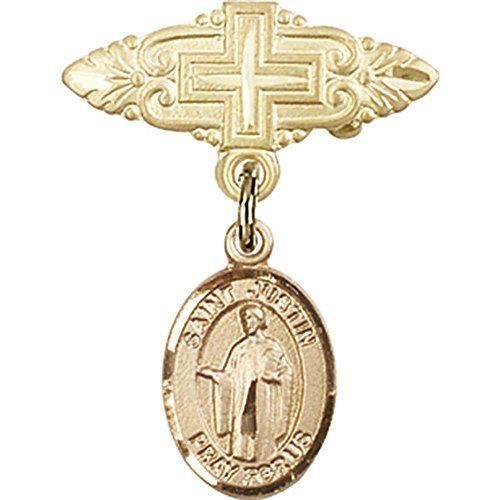 Gold Filled Baby Badge with St. Justin Charm and Badge Pin with Cross 1 X 3/4 inches