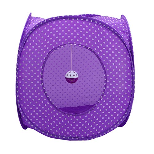 Cat Play Tent Instant Pop-up Sleep Cube Toy with a Hanging Bell Ball Built in Polyester Fabric Portable and Foldable Design for Cats,Kittens,Puppies and Small Animals (Purple)