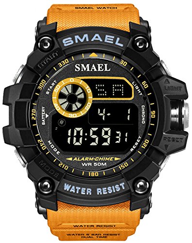 Mens Digital Sports Watches Multifunctional Large Military 50M Waterproof LED Alarm Backlight Super Cool Watch (Orange)