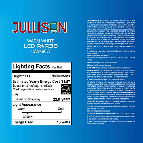 JULLISON 4 Packs PAR38 LED Bulb, 120V/13W/980Lumens/40 Degrees Beam, 90W Equivalent, 3000K Warm White, CRI80+, dimmable, True Look, Outdoor Flood, E26 Base, UL & Energy Star & FCC Listed, Wet Location