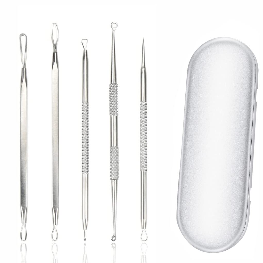 Blackhead Remover Tool Set Pimple Popper Tool Kit Curved Tweezer Blackhead Removal Tools Stainless Steel Acne Whitehead Removal 2in1 Removal & Acne Tools Zit Removing For Nose Face Skin - 5PCS