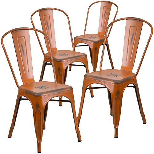 Flash Furniture Distressed Metal Indoor Stackable Chair (4 Pack), Orange