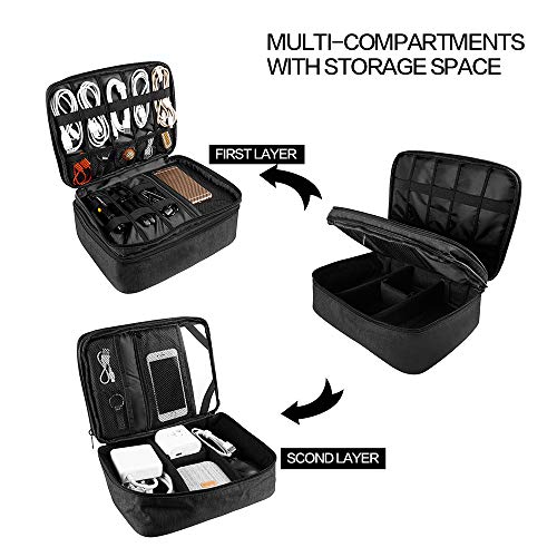 Travel Electronics Organizer, Waterproof Cable Organizer Bag for Electronic Accessories Double Layer Large Shockproof Cable Storage Bag for Cord, Hard Disk, Charger, Tablet(Up to iPad 10.5 inch)-Black