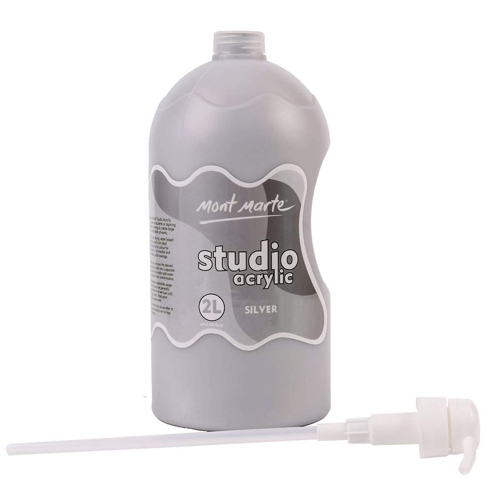 MONT MARTE Discovery School Acrylic, Silver, 1/2 Gallon (2 Liter). Ideal for Students and Artists. Excellent Coverage and Fast Drying. Pump Lid Included.