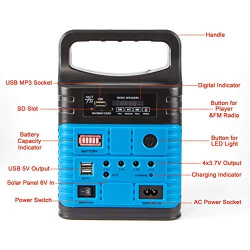 UPEOR Solar Generator Lighting System Portable Solar Power Generator Kit for Emergency Power Supply,Home & Outdoor Camping,Including MP3&FM Radio,Solar Panel,3 Sets LED Lights (Blue)