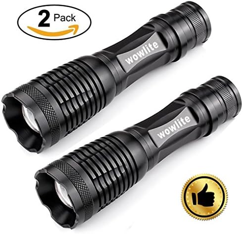 Tactical Flashlight Torches,Wowlite XML-T6 High Brightness Cree LED Taclight ,Rechargeable and Water Resistant Handheld Flashlight with 5 Light Modes &amp; Adjustable Focus (2-Pack)