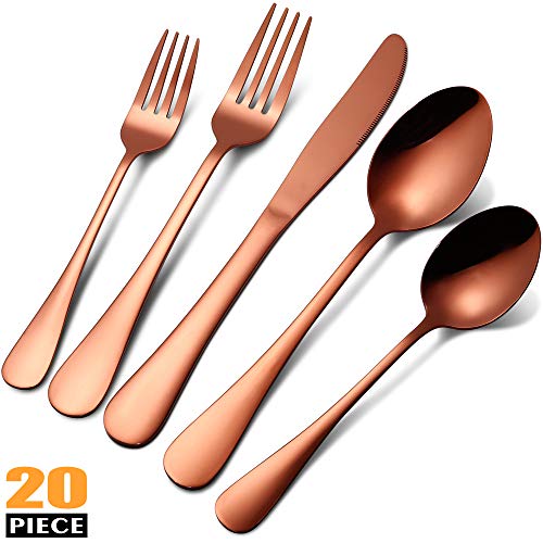 Rose Gold Silverware Set, Copper Color Stainless Steel Flatware, Anti-rust Cutlery Set 20 Pieces Service for 4, Kitchen Utensil Antique Copper Mirror Finished Knives Fork Spoon Set