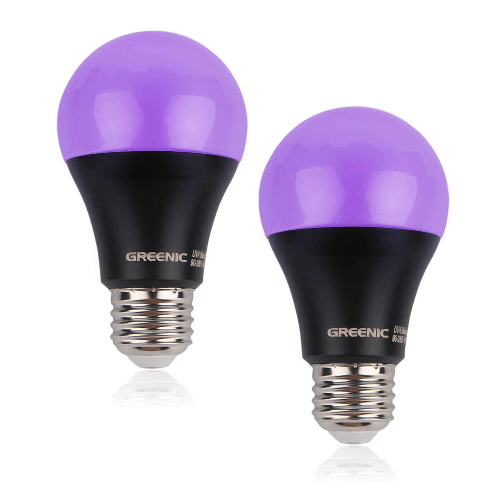 Greenic Black Light Bulbs UV LED Bulb with E27 Base, 8W (60W Equivalent), Glow in The Dark Blacklight Bulb UV Lamp, Ultraviolet Fluorescent Purple Lamp for Halloween Home Party Stage Lighting 2 Pack
