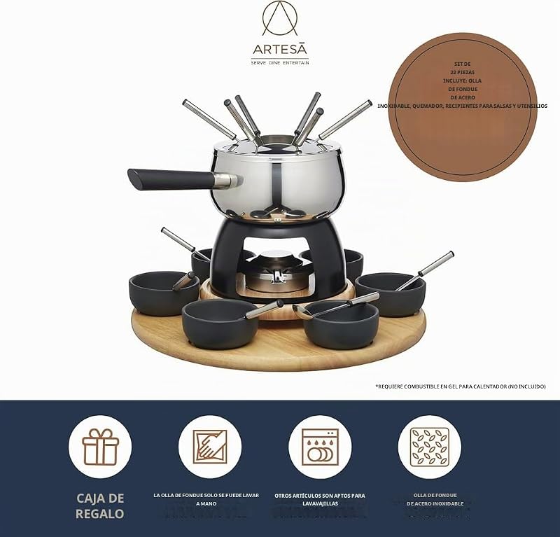 Conjunto de Fondue para Gira-discos Artesà Lazy Susan, Tacho de Fondue em Aço Inoxidável com Fogão, Recipientes e Utensílios, Conjunto de 22 Peças, Preto