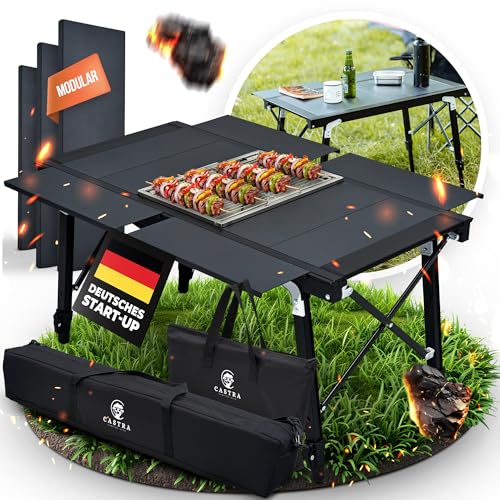 Castra Premium Camping Table with Integrated Grill - Aluminium 7075, Height Adjustable, Outdoor Weatherproof, Innovative Folding System, Multifunctional Table & Camping Accessories for Garden, Travel & Fishing