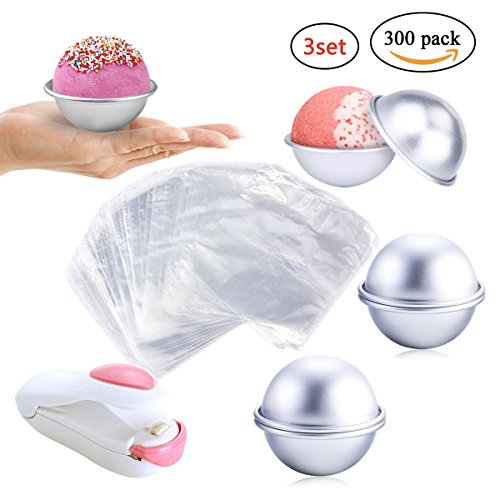 ZICA 12pcs DIY Metal Bath Bomb Mold 300pcs 6 x 6 Inch Shrink Wrap Bags With One Mini Heat Sealer for Bath Bombs Handmade Soaps