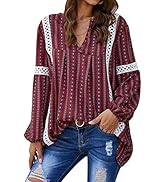 ZXZY Women Long Sleeve V Neck Hollow Out Floral Print Shirt Tops Long Blouse Tee