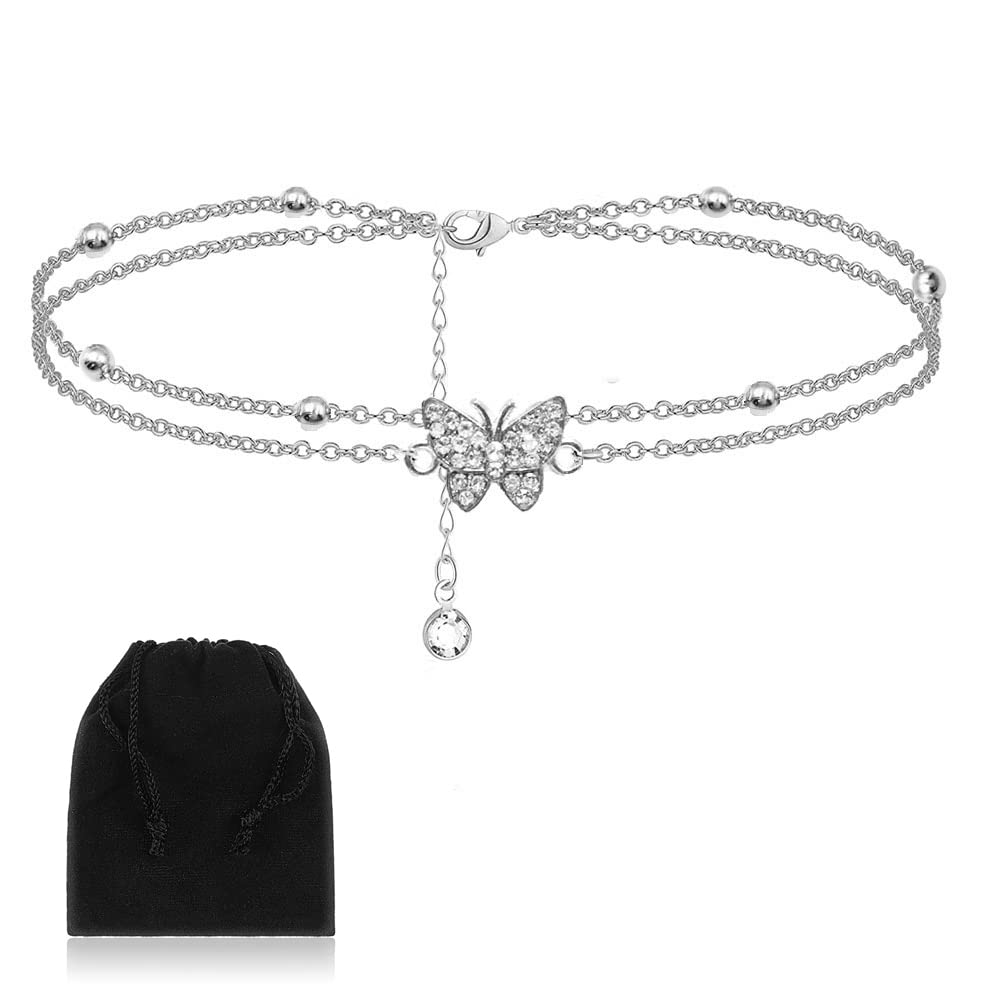 BINXWA 14K Butterfly Silver anklets for Women - Adjustable Women's anklets - Jewelry Anklet Gifts for Women Teen Girls(Include Gift Box)
