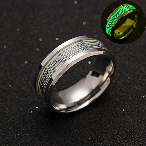 Haluoo Music Luminous Ring Punk Style Glow in The Dark Stainless Steel Wedding Band Ring Musical Note Fluorescence Personality Ring Comfort Fit (7, Silver)