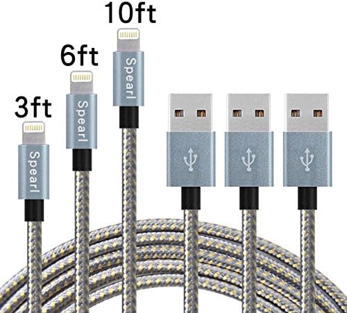 Spearl 3Pcs 3FT 6FT 10FT Extra Long Nylon Braided Charging Cable Cord 8-Pin Lightning to USB Cable Charger Compatible with iPhone7/7Plus/6/6s/6plus/6s plus,iPhone5/5s/5c,iPad,iPod (Gray+Gold)