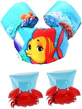 katedy Basic Life Jacket Kids Toddlers Swimming Beginners Aids(Fish)+ Inflatable Arm Band Crabby Floatation Sleeves,Safety Water Tool