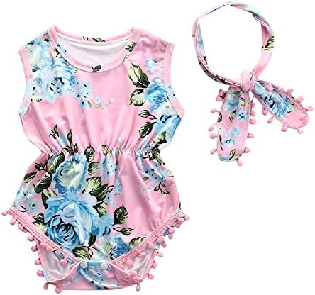 Cute Adorable Floral Romper Baby Girls Sleeveless Tassel Romper One-pieces +Headband Sunsuit Outfit Clothes (0-6 Months, Pink)