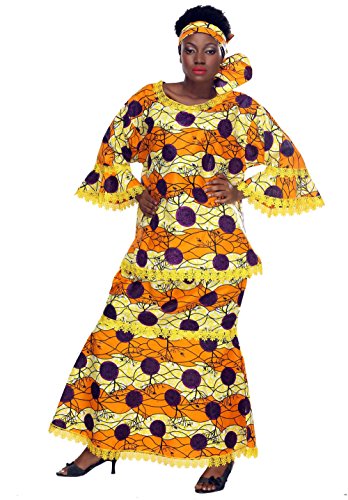 African Planet Women's Tree Lace Set Headwrap Top Skirt Three Pcs Yellow