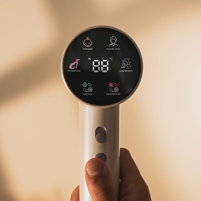 Secador de cabelo digital Ion-Plasma SmartSense, 120.000 rpm, 6 modos, ecrã LCD, amigo de animais, 2 velocidades, bico magnético e difusor, ultra silencioso, secador inteligente