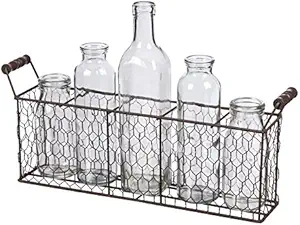 Cape Craftsmen Modern Farmhouse Stunning Brushed Metal Wire Basket with 5 Bottles - 16 x 6 x 11 Inches Cottage Style Decoration for Homes, Apartments, Yards and Gardens