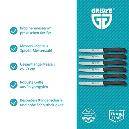 GRÄWE Tafelmessen, 6 stuks, messenset om te snijden, set van 6 broodjes, ontbijtmessen met eenzijdig gekarteld, mes 21… - Image 3
