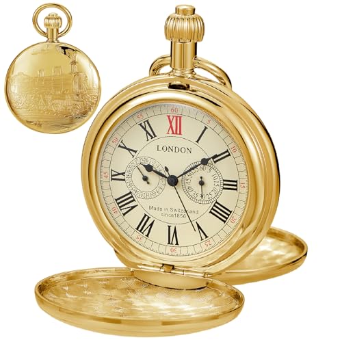 Alwesam Copper Pocket Watch Train Railroad Steampunk Mechanical London Hand Wind Mens Watches with Chains & Boxs Christmas Graduation Birthday Gifts Fathers Day