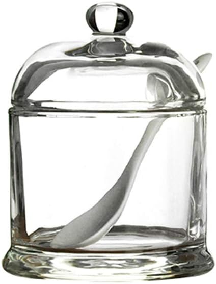DoDola Glass Sugar Bowl, 10 fl oz Condiment Pots with Lid and Ceramics White Spoon