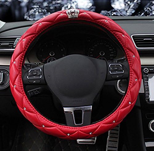 BAIMIL Car Steering Wheel Cover Universal Cystal Crown PU Leather DAD Diamond Steering Wheel Cover 15 inch Red