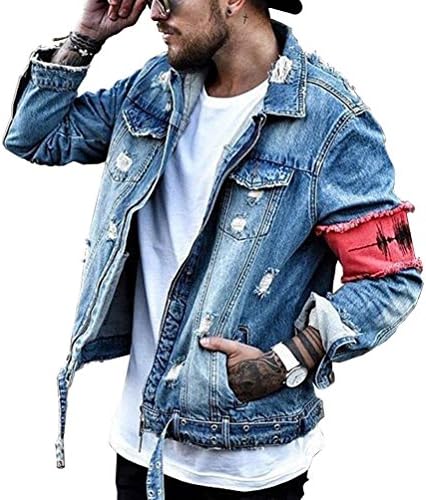 Men's Ripped Denim Trucker Jacket Distressed Rugged Patchwork Jeans Jackets Biker Jacket For Man